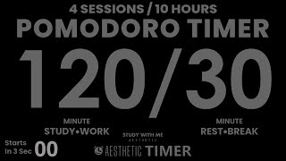 DARK Mode, Pomodoro 120/30 Study Timer, No Music, 10 Hrs, 4 Set 120 Minute Study Timer, Gentle Alarm