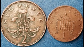 1971 UK Britain One New Penny \u0026 Two New Pence Coin   Decimalization of the UK Coins