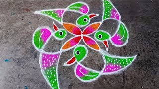 beautiful peacock rangoli with 5*3 dots| ratha saptami rangoli| dot kolam| freehand rangoli