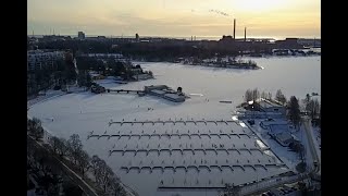 Helsingin Taivallahti talvista ilmakuvaa.