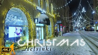 Christmas 2022 Snow Walk in Helsinki, Finland, Urban Night Walk, 4K Binaural