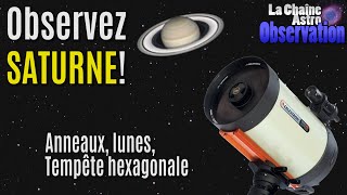 Observez les trésors de Saturne : ses anneaux, ses lunes, et sa tempête hexagonale...