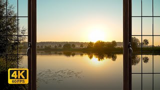 4K Lake window view during sunrise - Relaxing, Calming, Ambience