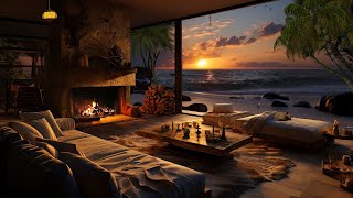 Cozy Beach House | Relaxing Fireplace & Sound of Ocean Waves For Deep Sleep | Sunset Ambience