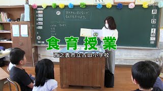 種子島の学校活動：古田小学校食育授業絵本読み聞かせ・食の振り分け・はしのもち方・給食令和2年