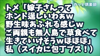 【スカッとする話】トメ「嫁子さんってホントに逞しいわぁｗ野生味あふれる感じｗご両親も無人島でも草食べて生きていけそうｗほほほｗ」私（スイカに包丁ブスー！）トメ（真っ青）ウト（涙目）夫（ビクッ）結果ｗ