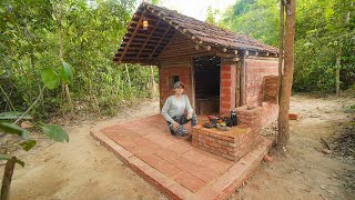 Building Complete Bushcraft Brick Shelter With Wooden roof, Clay Fireplace, START to FHISH