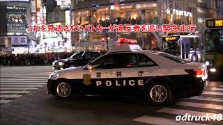 渋谷スクランブル交差点で右折した違反車両を追いかけ緊急走行するパトカー