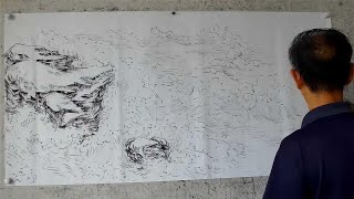 山水画：海浪画法，一顿神操作，展现出海浪撞击岩石的画面