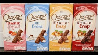 Choceur (ALDI) Chocolate Bars: Strawberry Yogurt, Milk Crème, Milk and Dark Hazelnut Crisp