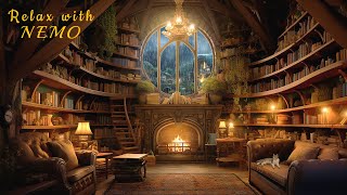 📚 Cozy Hobbit Library - Relaxing Fireplace with Soothing Rainfall Sounds / rain on roof / Deep Sleep
