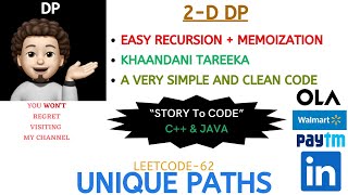 Unique Paths | Recursion | Memoization | AMAZON | CISCO | PAYTM | OLA | LINKEDIN | Leetcode - 62
