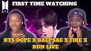 K-POP NEWBIES FIRST TIME WATCHING BTS (๋ฐฉํ์๋
๋จ) DOPE X BAEPSAE X FIRE X RUN LIVE!