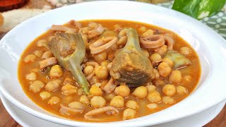 Chickpeas with artichokes and squid