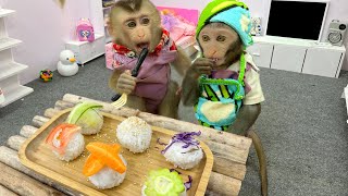 Naughty Bim Bim harvests wheat to make sushi ball for baby monkey Obi