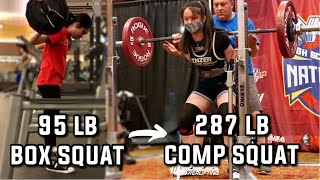 3 YEAR SQUAT TRANSFORMATION (15 to 18 years old teen girl) 95 lb box squat to 287 lb comp squat