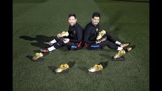 Messi & Suárez pose with their Golden Shoe trophies