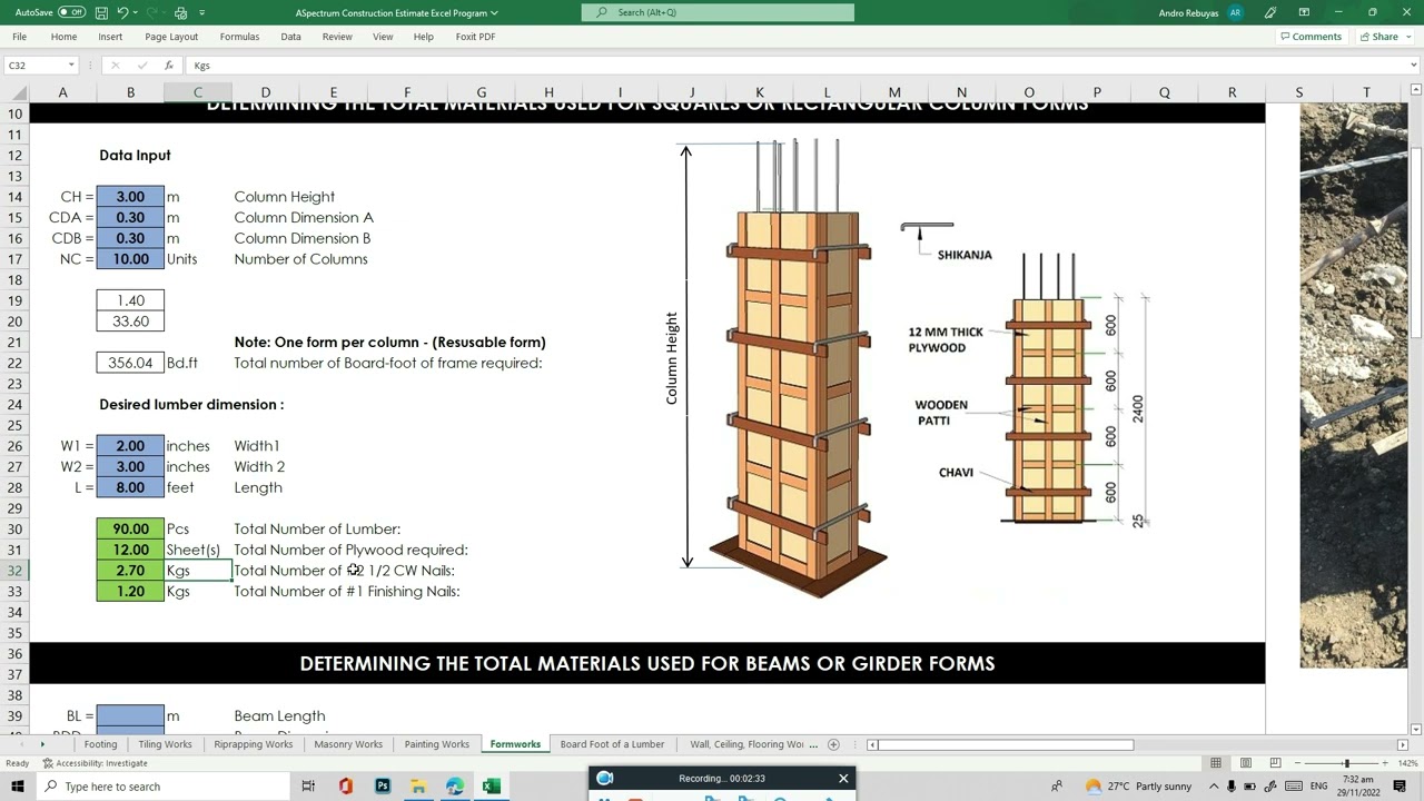 ESTIMATING LUMBER, PLYWOOD AND NAILS FOR COLUMN OR BEAM FORMWORKS - YouTube