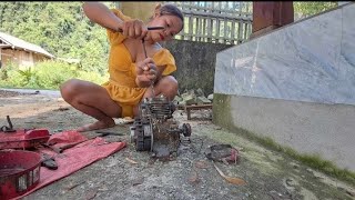 Girl repairs and replaces water pump parts, restores complex engine structures