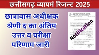 cgvyapam result 2025 | छात्रावास अधीक्षक श्रेणी द अंतिम उत्तर व परीक्षा परिणाम जारी