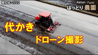 代かきのドローン映像　田んぼ・2022　ボタ・トラクターFT25・コバシ・サイバーハロー・TX242H-UA・ドローン　DJI MINI2