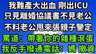 我難產大出血 剛出ICU，只見離婚協議書不見老公，不料老公甩來張親子鑒定，罵道：帶著你的雜種滾蛋，我反手撥通電話:媽 撤資！#枫林晚霞#中老年幸福人生#為人處世#生活經驗#情感故事#花开富贵