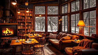 Winter Bookstore Cafe Ambience ☕ Relaxing Jazz Background Music & Crackling Fireplace to Work, Focus