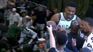 Giannis Antetokounmpo chases the Pacers for taking the game ball after he scored