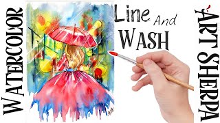 Girl in the Rain Red Dress Easy How to Paint Watercolor Line and Wash Step by step | The Art Sherpa