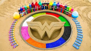 How to make Rainbow Wonder Woman Logo with Orbeez, Mtn Dew, Soft Drink, Coca Cola vs Mentos in Hole