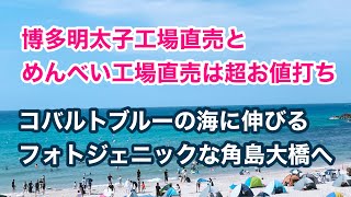 お値打ち博多明太子工場直売店とめんべい工場直売店　そしてコバルトブルーの海に伸びるフォトジェニックな角島大橋へ