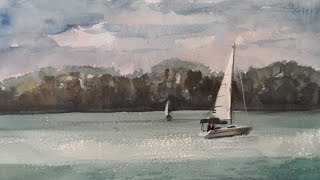 Sailboats on Balaton Lake, Watercolour Painting