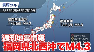 福岡県北西沖でM4.3 2005年の活動とは離れた震源　週刊地震情報