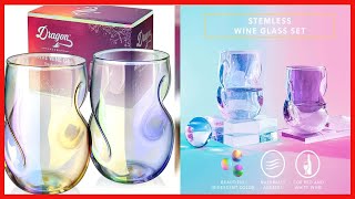 Dragon Glassware Stemless Wine Glasses, Iridescent Glass with Finger Indentations