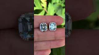 Natural Gemstone Aquamarine Diamond Earrings Halo Baguette Classic Design, Set in 18k White Gold