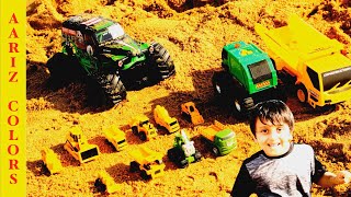 Family Fun Time on Beach + kinetic sand toys | Children construction vehicles | Aariz Colors