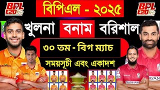 বিপিএল ২০২৫ | ফরচুন বরিশাল বনাম খুলনা টাইগার্স | ম্যাচের সময়সূচি ও একাদশ | BPL 2025