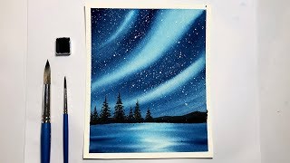 Northern Lights Forest Landscape Watercolor Painting for Beginners Step by Step