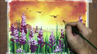 Ep.21 Lovely Flowers And Sunset Scenery Painting | สอนวาดทิวทัศน์สวนดอกไม้ตอนเย็น