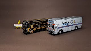 Compare Hot Wheels Premium Euro Hauler vs Schuco Renntransporter.