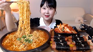 매운 틈새라면 통통한 스팸 꼬마김밥 김치 먹방 Spicy instant noodles Spam gimbap  Kimchi Koreanfood Mukbang Eatingsound