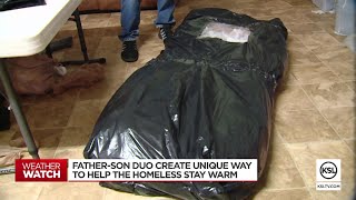 Father, son create sleeping bag for homeless out of grocery sacks, trash bags