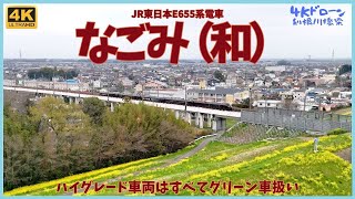 【ドローンで鉄道シリーズ】利根川橋梁を渡る愛称「なごみ（和）」 JR東日本E655系電車を4Kドローンで撮影してみた！一編成だけ「お召列車」にも使用される全席グリーン車仕様のハイグレードの特別車両