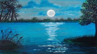 How to Draw Moonlight Scenery | Night Scenery Drawing With Oil Pastel | Drawing For Beginners