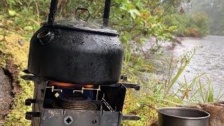 Wilderness Canoeing \u0026 Cooking on Titanium Firebox with Alcohol Burner in the Rain