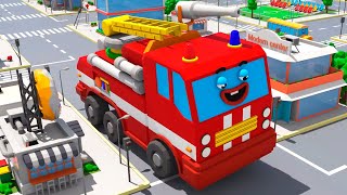 Red Fire Truck in the City w AMBULANCE! 3D Animation for Children Cars Team Cartoons