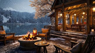Winter Porch Ambience ❄️ Snowy Day with Smooth Jazz Music, Snowfall and Crackling Fireplace to Relax