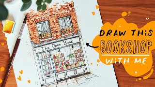 Draw a bookshop with ink and watercolour