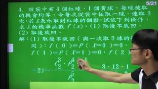 數甲上冊---1-1隨機的意義---例4---袋中有四紅一黃球機率每次取一球共三次求其機率函數在取出不放回與取出放回條件下