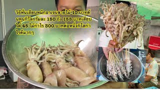 วิธีทำความสะอาดวิธีเสียบวิธีหันปลาหมึกอาเจนเสียบไม้ต้นทุนกิโล 150-155บาทขายได้450กำไรดีมาก